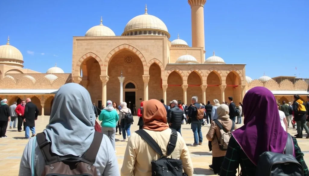 Visitors respectfully exploring the Al-Omari Mosque in Bosra with appropriate modest dress