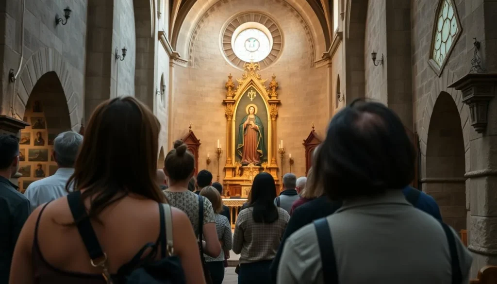 Visitors respectfully exploring the Chapel of Notre Dame in Rocamadour