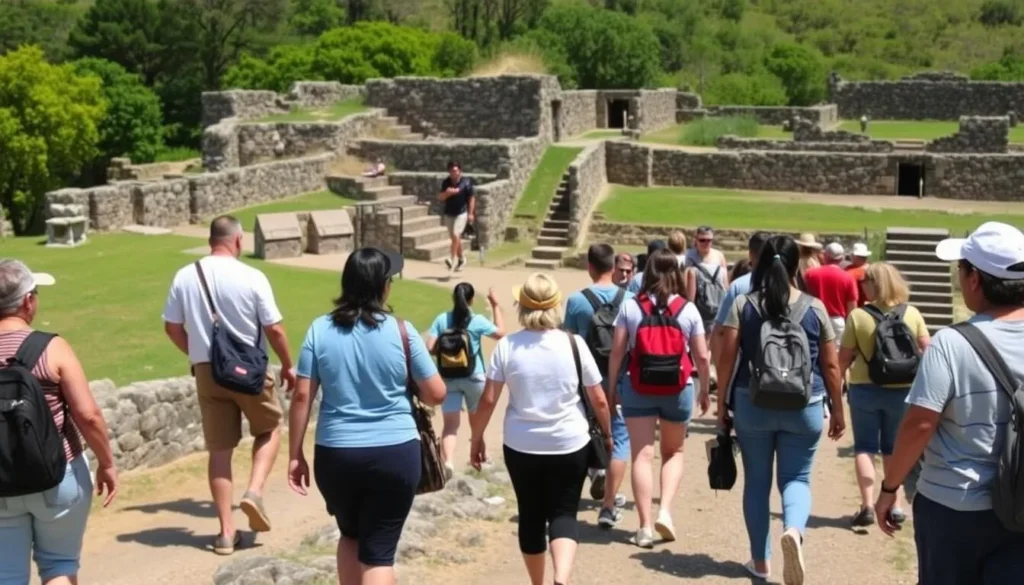 Visitors respectfully exploring the historic ruins at Molino de Flores Nezahualcoyotl National Park