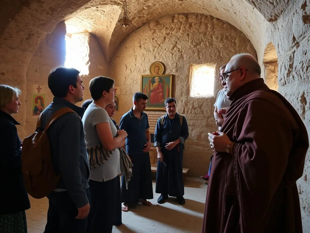 Visitors respectfully exploring the interior of a Qadisha Valley monastery with a monk guide Visitors respectfully exploring the interior of a Qadisha Valley monastery with a monk guide