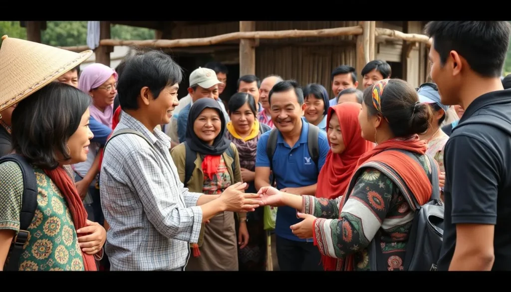 Visitors respectfully interacting with local villagers near Phou Xieng Thong National Protected Area