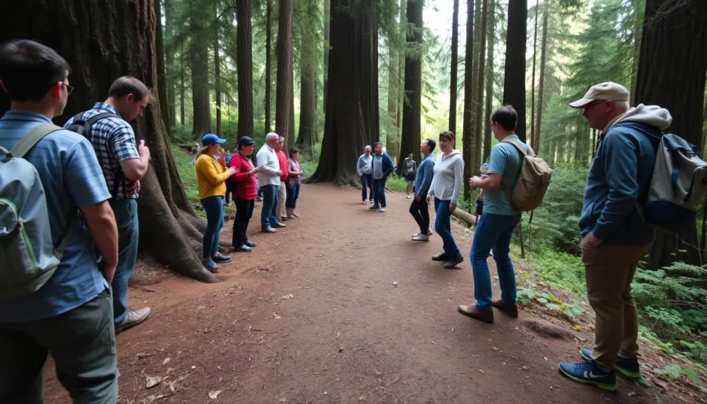 Visitors respectfully observing Leave No Trace principles in Armstrong Redwoods State Natural Reserve