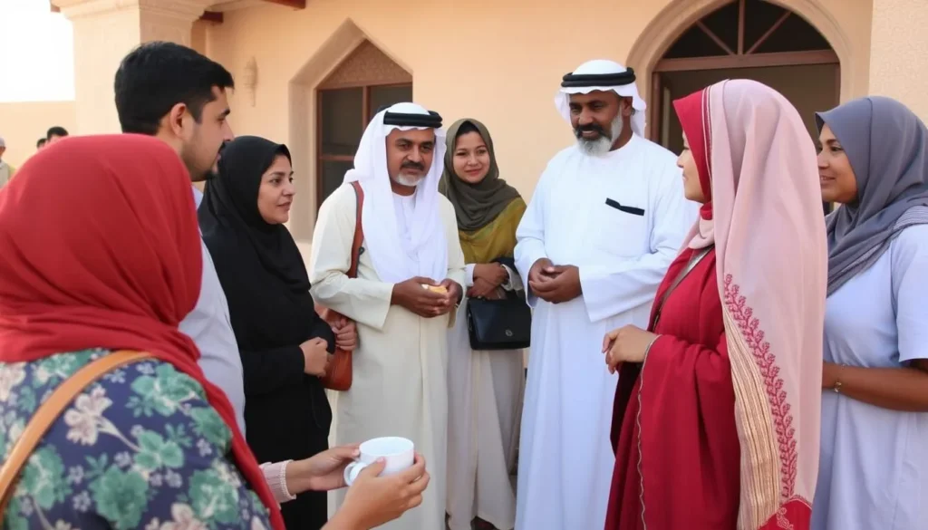 Visitors respectfully observing local Omani customs in traditional dress