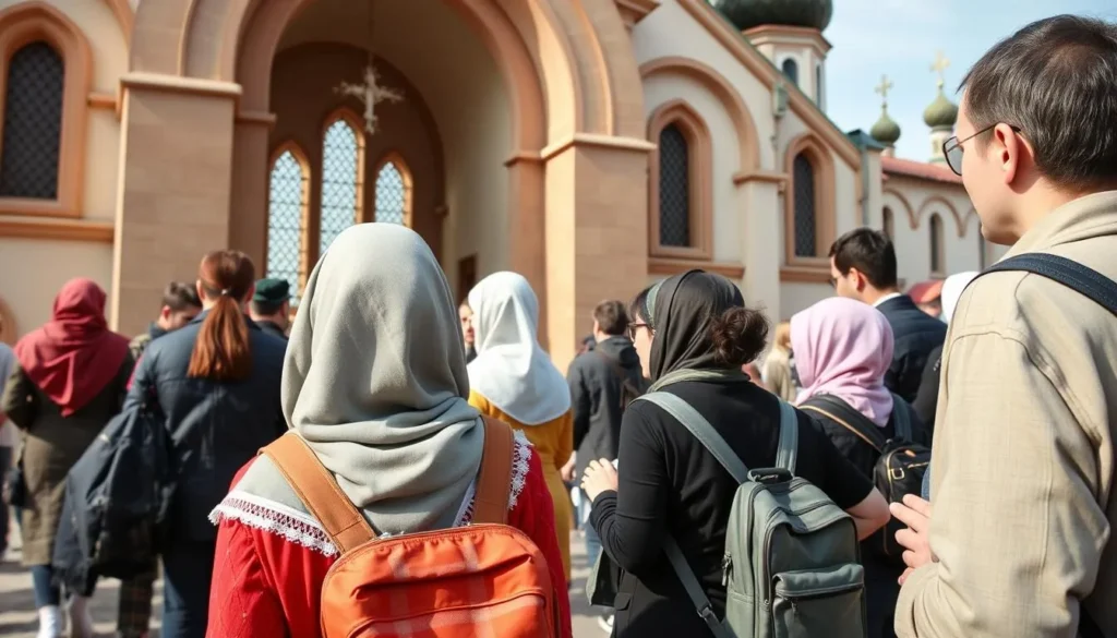 Visitors respectfully observing local customs at the Church of the Ascension in Kalyazin