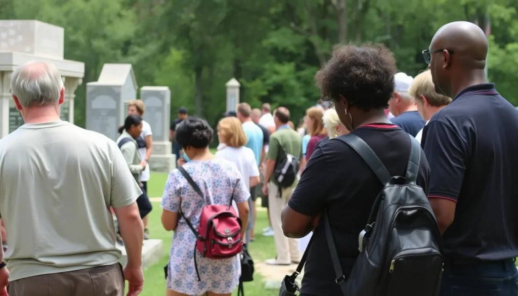 Visitors respectfully observing monuments at Natural Bridge Battlefield
