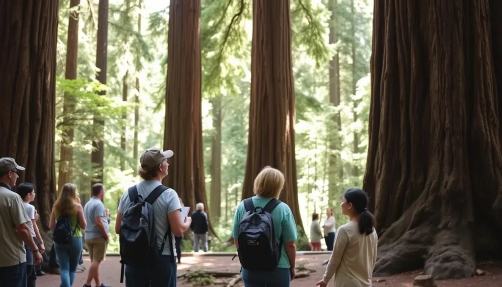 Visitors respectfully observing redwood trees at Richardson Grove State Park