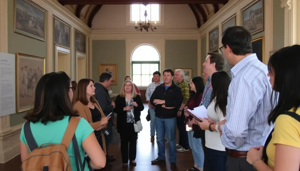 Visitors respectfully touring the Benicia Capitol State Historic Park with a guide explaining the history Visitors respectfully touring the Benicia Capitol State Historic Park with a guide explaining the history