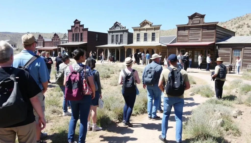Visitors respectfully viewing historic buildings at Bodie State Historic Park from designated paths