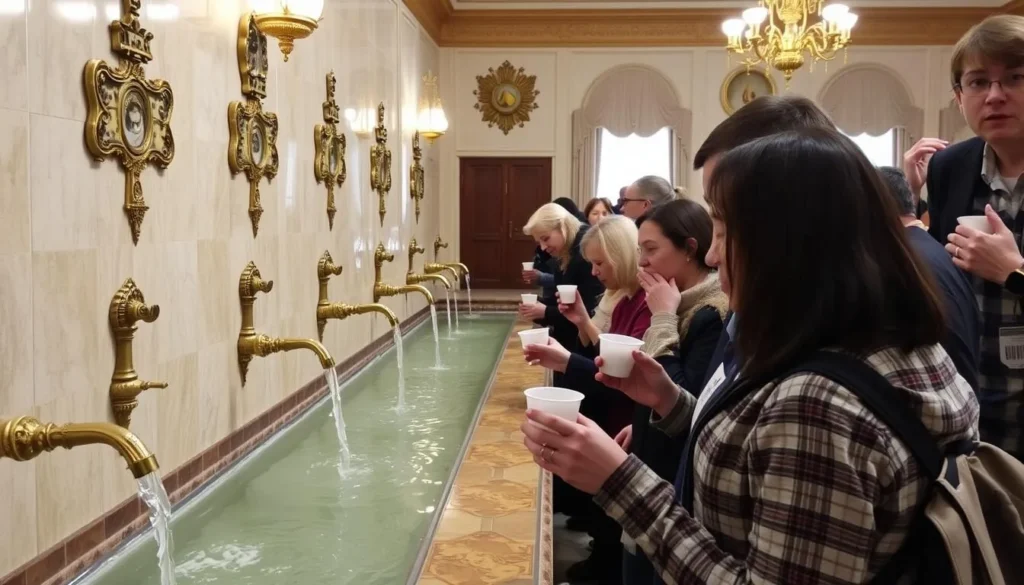 Visitors sampling mineral water at the drinking gallery in Kislovodsk National Park