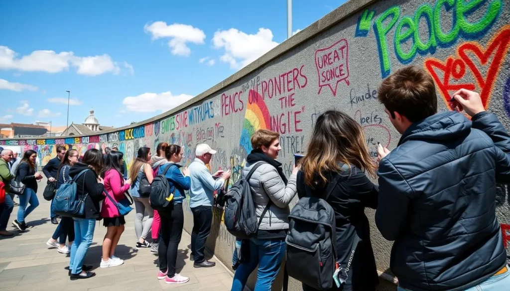 Visitors signing messages of peace on the Belfast Peace Wall with colorful graffiti and messages in the background