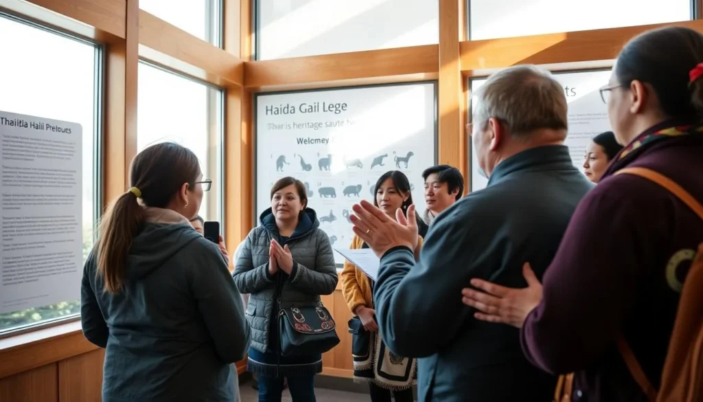 Visitors taking the Haida Gwaii Pledge at the Haida Heritage Centre with a Haida guide