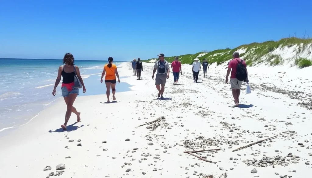 Visitors walking along the pristine shoreline of San Jose Island, Texas with shells and natural beach debris visible