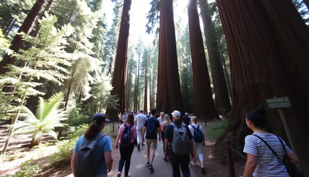 Visitors walking on a well-maintained trail through Armstrong Redwoods State Natural Reserve
