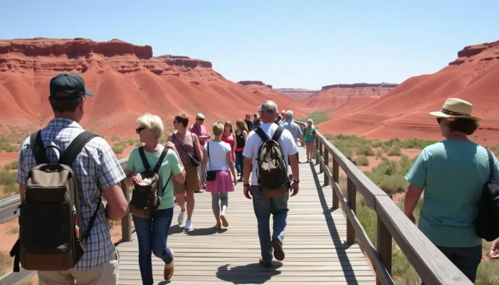 Visitors walking on the boardwalk overlooking the Cheltenham Badlands formations