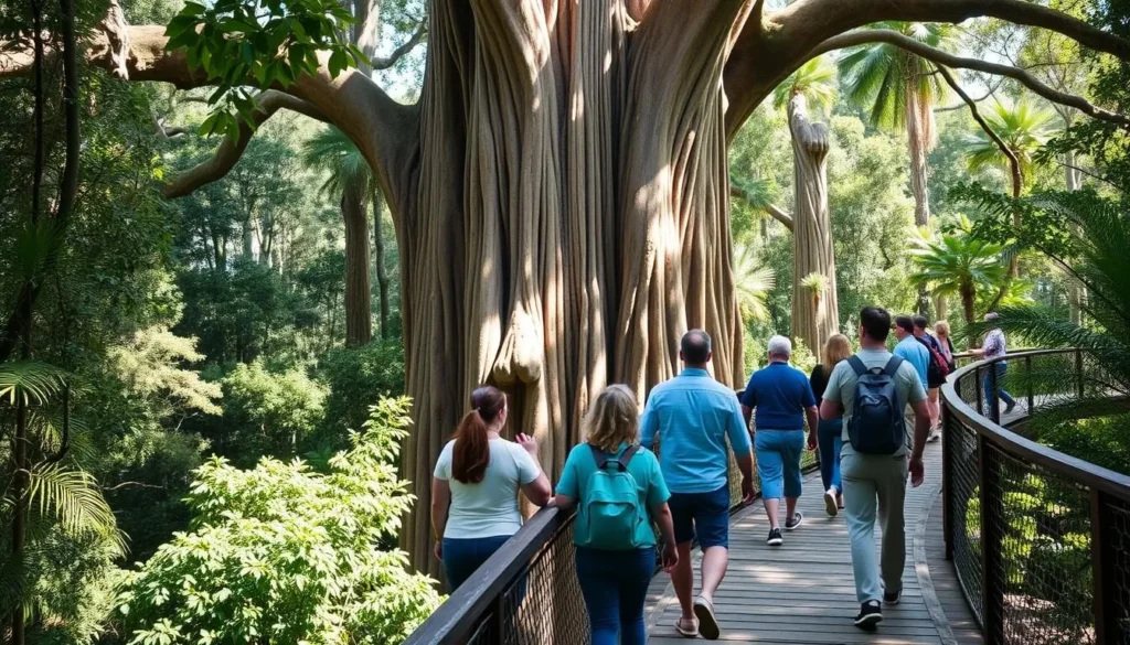 Visitors walking on the elevated boardwalk around the Curtain Fig Tree in Queensland