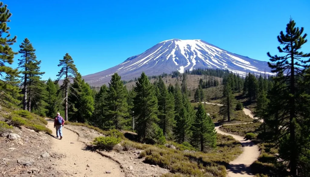 Volcan Nevado de Colima National Park during dry season showing clear trails and snow patches on the volcano summit