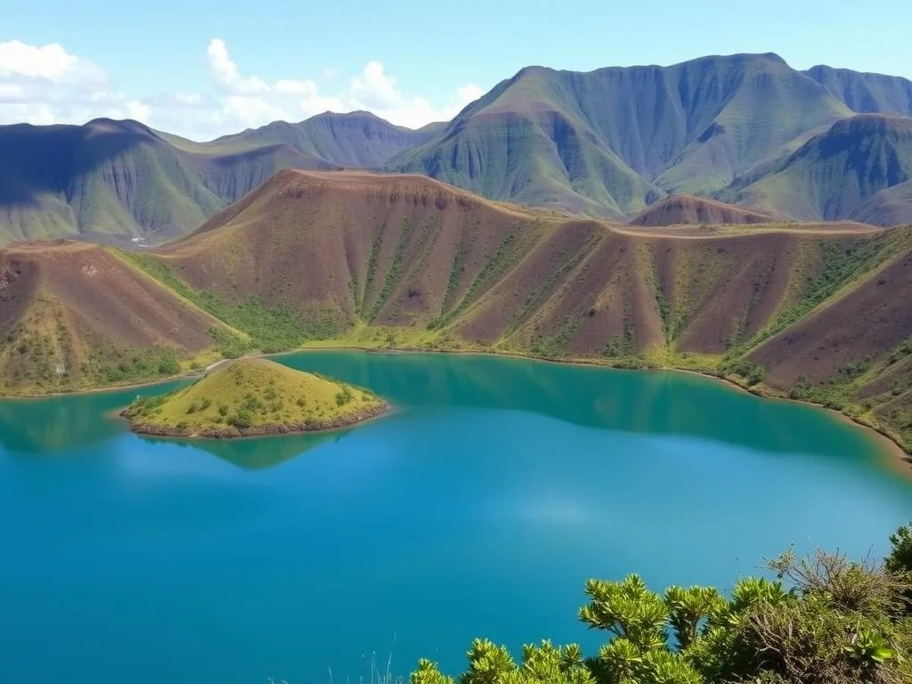 Volcanic lake near Kotamobagu surrounded by lush green hills and clear blue water Volcanic lake near Kotamobagu surrounded by lush green hills and clear blue water