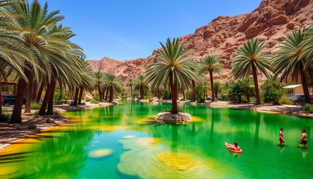 Wadi Bani Khalid's emerald pools surrounded by palm trees during ideal visiting season