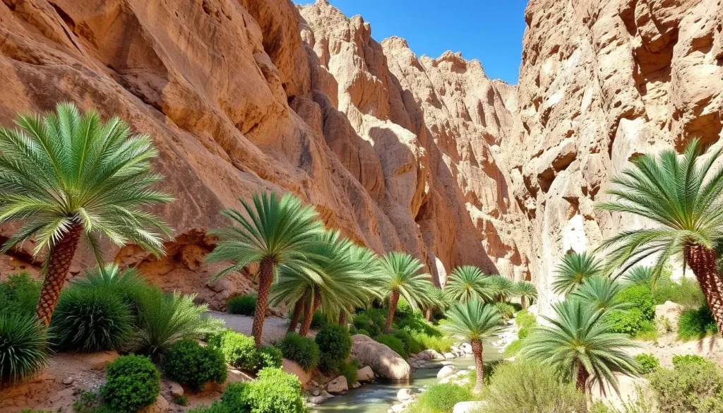 Wadi Dirhur Canyon in Socotra showing limestone walls and palm trees
