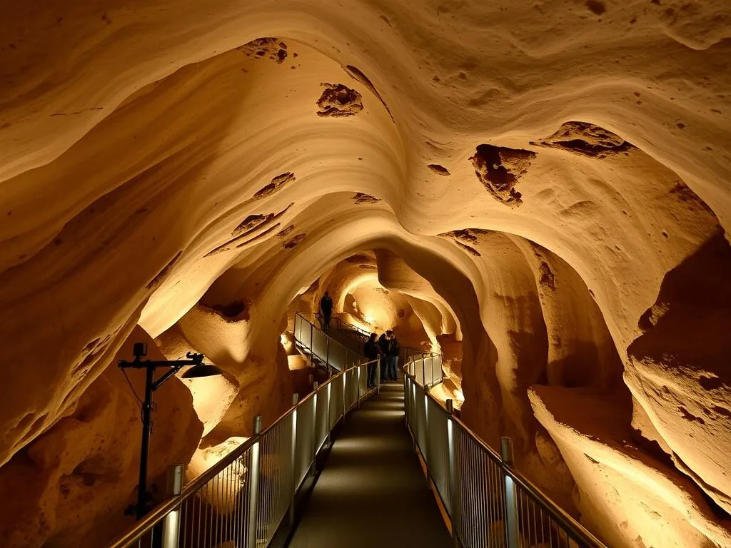 Walking tour path through Longhorn Cavern State Park, Texas showing the well-lit limestone formations