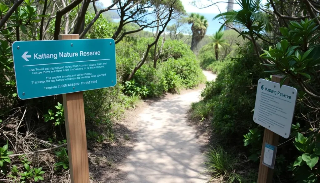 Walking track through Kattang Nature Reserve with directional signage