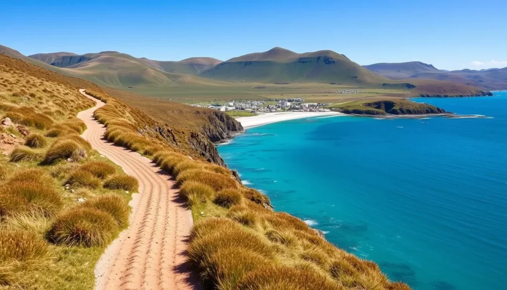 Walking trail along the coastline of Carcass Island with views of the settlement in the distance