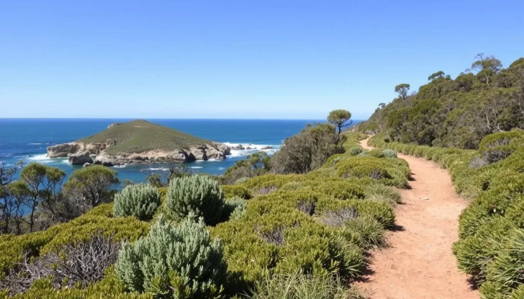 Walking trail around Broulee Island Nature Reserve with ocean views