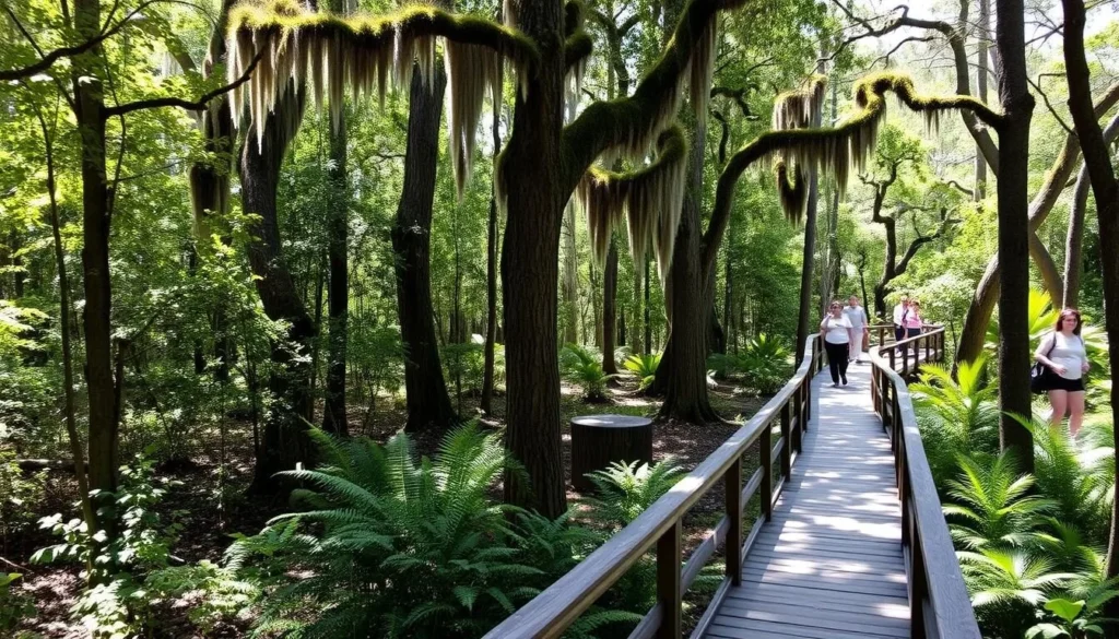 Walking trail at Edward Ball Wakulla Springs State Park with boardwalk through forest
