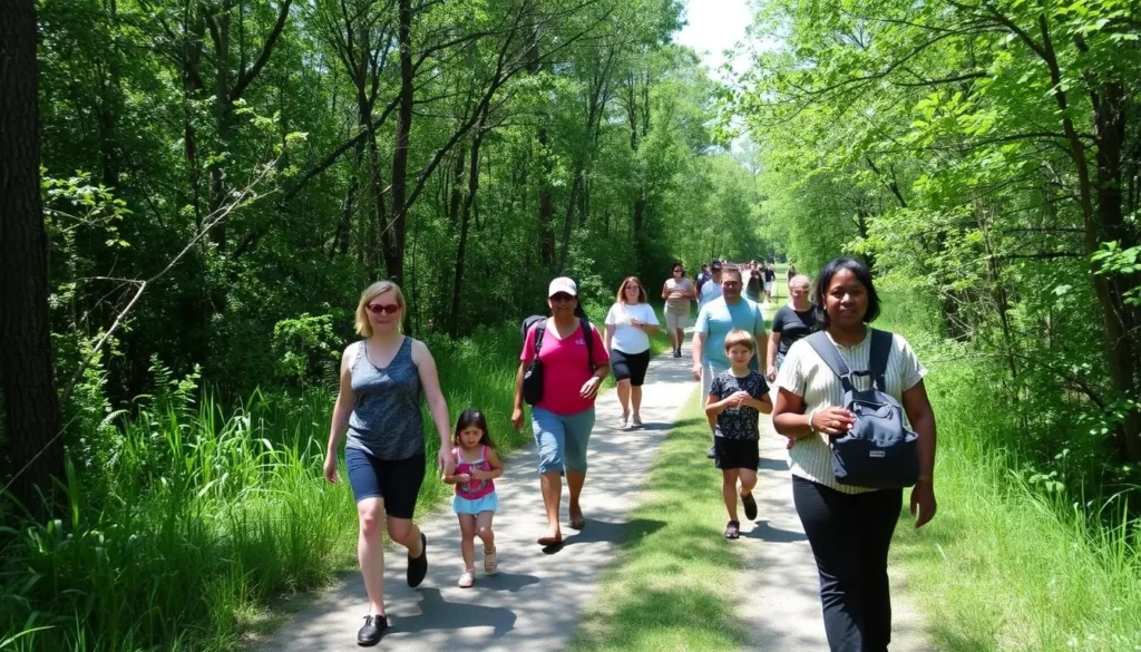 Walking trail at Lake Jackson Mounds Archaeological State Park with interpretive signage and visitors exploring