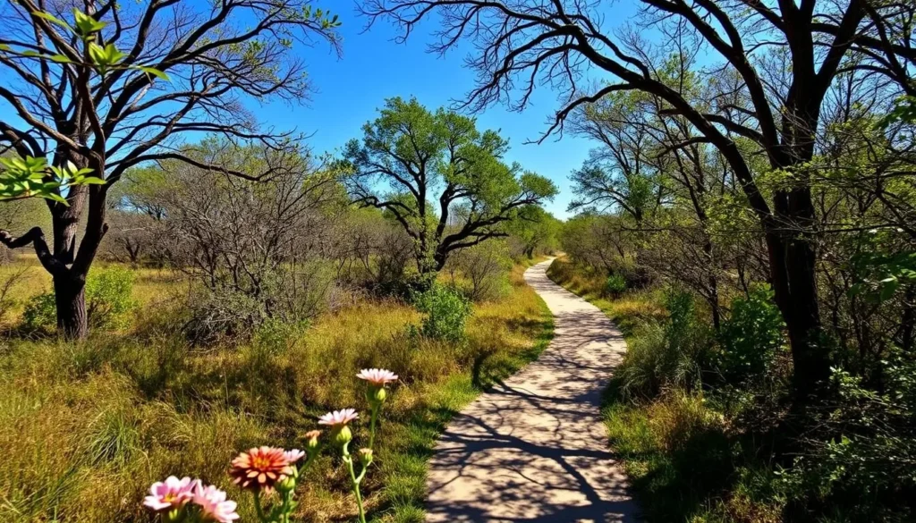 Walking trail at Muddy Creek Preserve in Sachse with natural scenery Walking trail at Muddy Creek Preserve in Sachse with natural scenery
