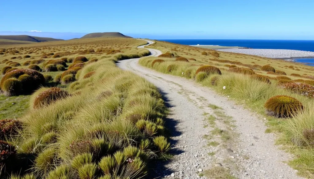 Walking trail on Bleaker Island leading through tussock grass toward penguin colonies