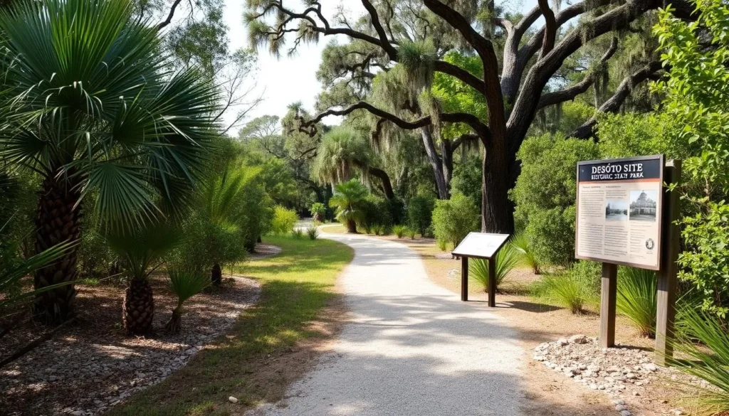 Walking trail through DeSoto Site Historic State Park with interpretive signage Walking trail through DeSoto Site Historic State Park with interpretive signage