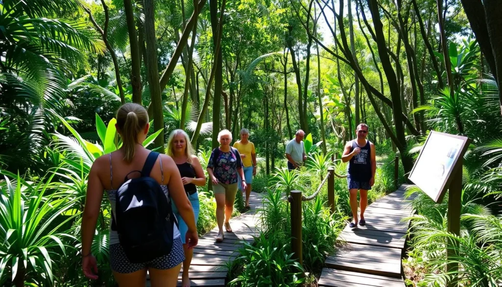 Walking trail through Isla Contoy's lush vegetation with tourists and guide
