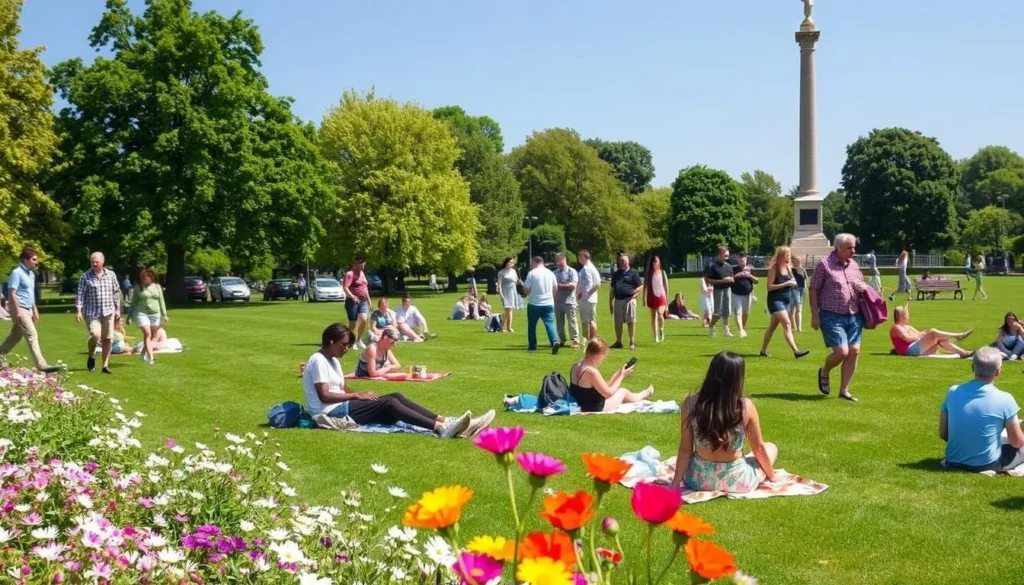 War Memorial Park in Coventry during summer with people enjoying outdoor activities