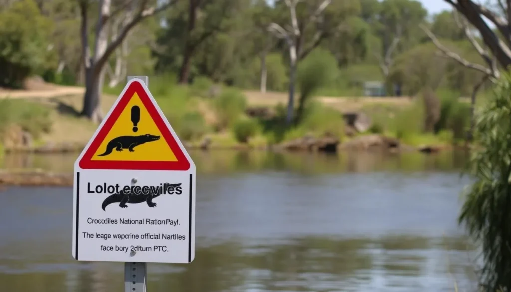 Warning sign about crocodiles at Lakefield National Park Queensland