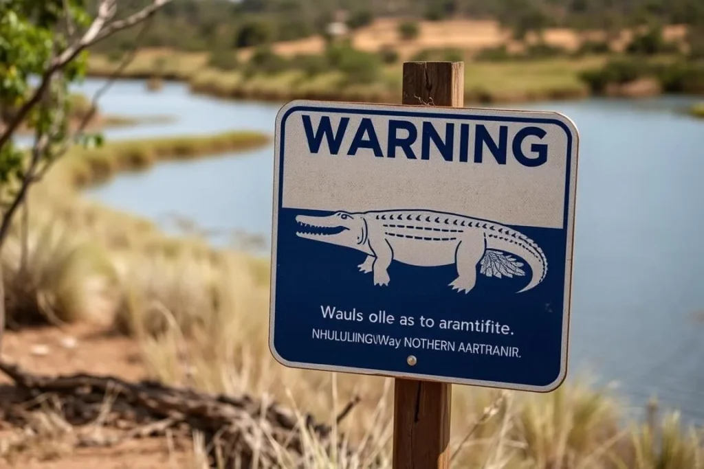 Warning sign about crocodiles near a waterway in Nhulunbuy, Northern Territory safety information