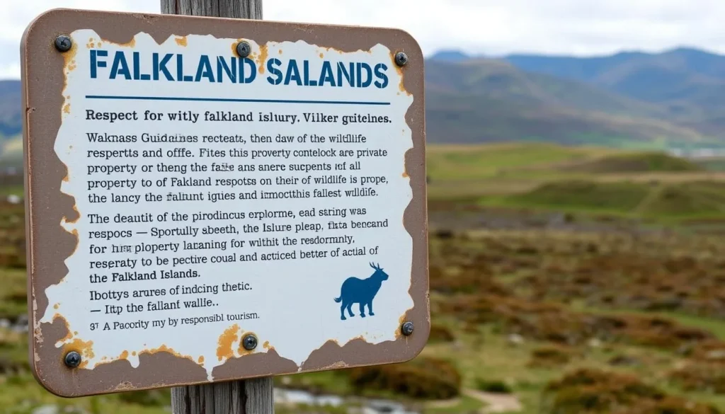 Warning sign about respecting private land and wildlife in the Falkland Islands