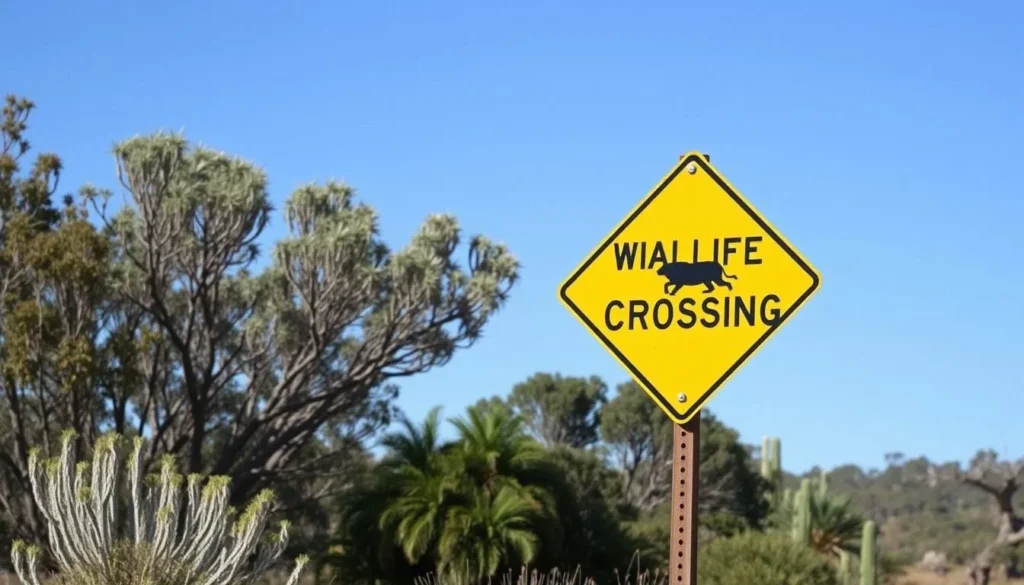 Warning sign about wildlife crossing roads in Innes National Park