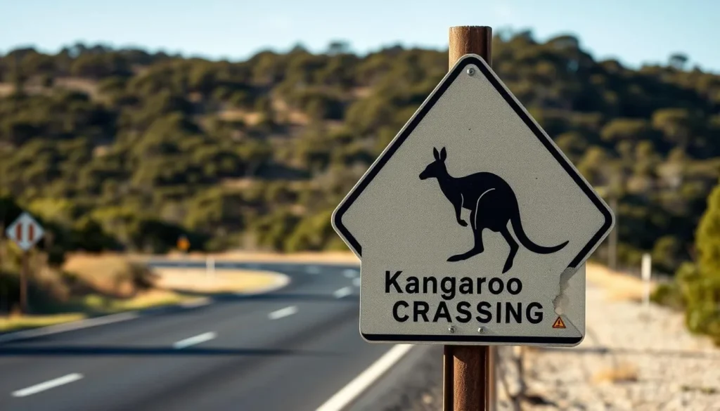 Warning sign about wildlife on roads with kangaroo silhouette on Kangaroo Island