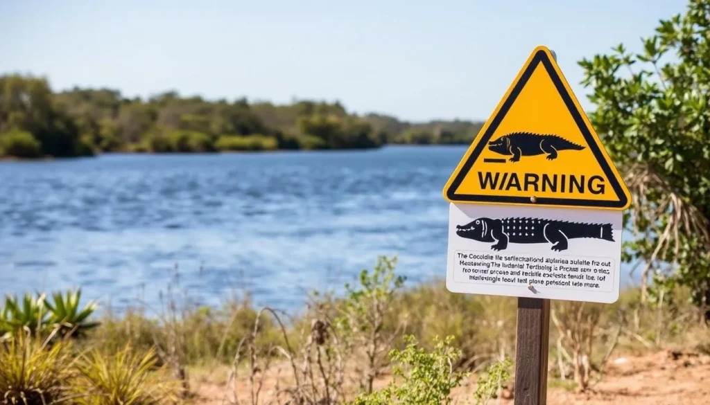 Warning sign for crocodiles at a waterway in Darwin with safety information