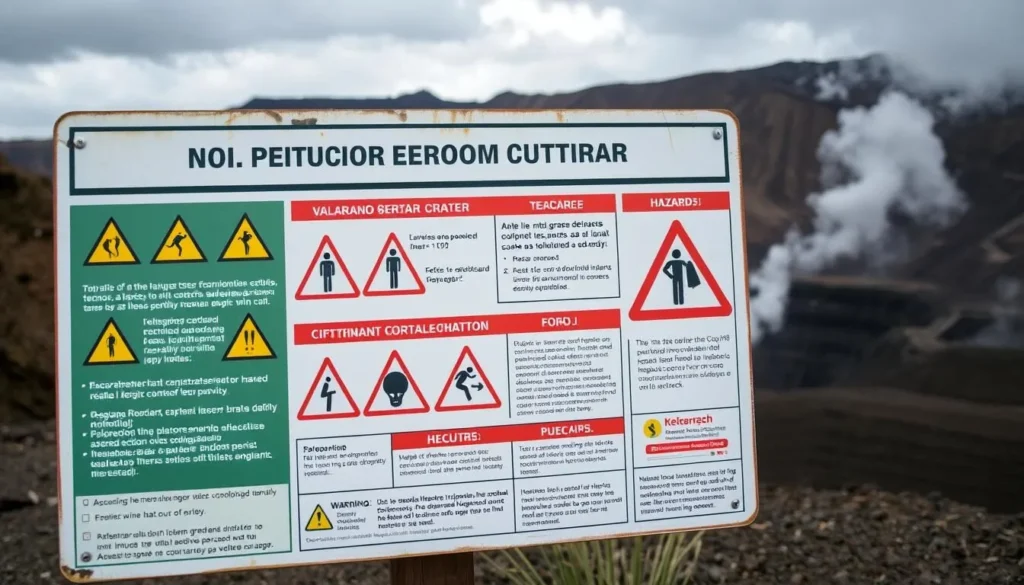 Warning sign near Mount Bromo crater with safety information