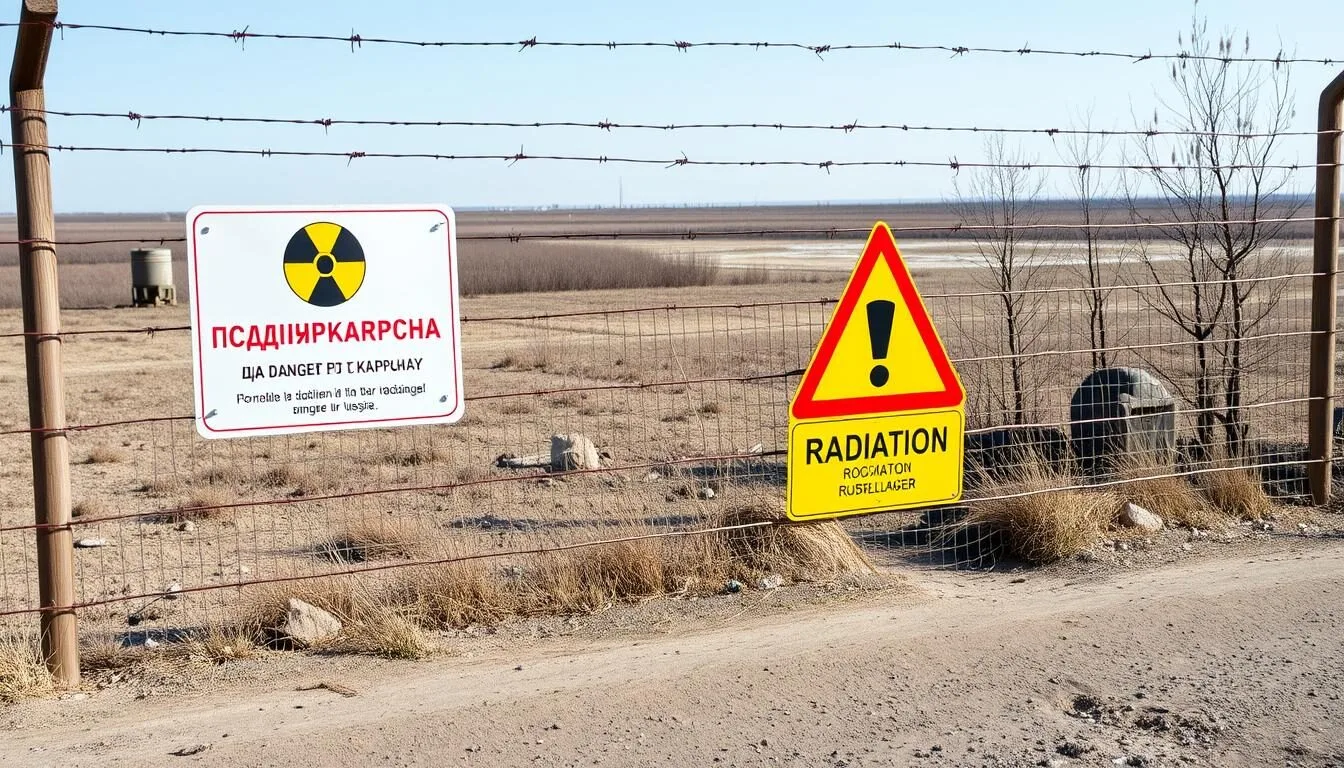 Warning-signs-around-Lake-Karachay-in-Russia-with-barbed-wire-fence Warning signs around Lake Karachay in Russia with barbed wire fence