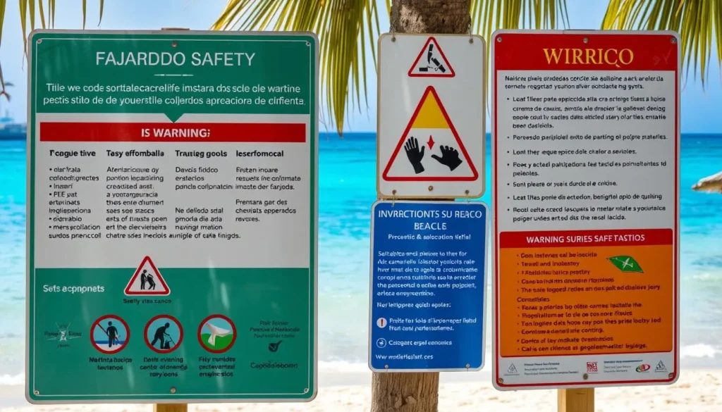 Warning signs at Fajardo beach explaining safety rules and environmental protection