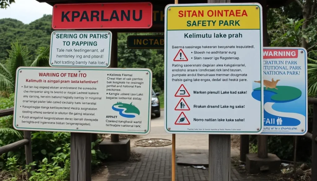 Warning signs at Kelimutu National Park showing safety precautions and rules for visitors
