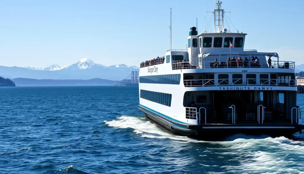 Washington State Ferry approaching Bainbridge Island with Olympic Mountains in background