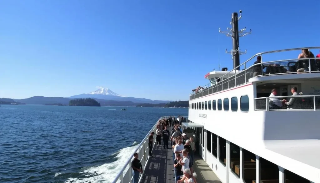 Washington State Ferry approaching Vashon Island on a clear day with Mount Rainier visible in the background Washington State Ferry approaching Vashon Island on a clear day with Mount Rainier visible in the background