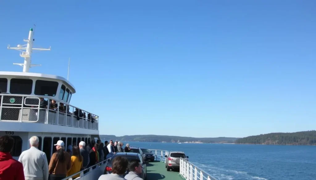 Washington State Ferry approaching Vashon Island terminal with passengers and vehicles ready to disembark Washington State Ferry approaching Vashon Island terminal with passengers and vehicles ready to disembark