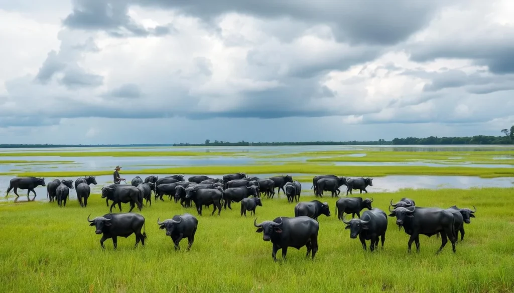 Water buffalo herd on Marajó Island with a cowboy on horseback