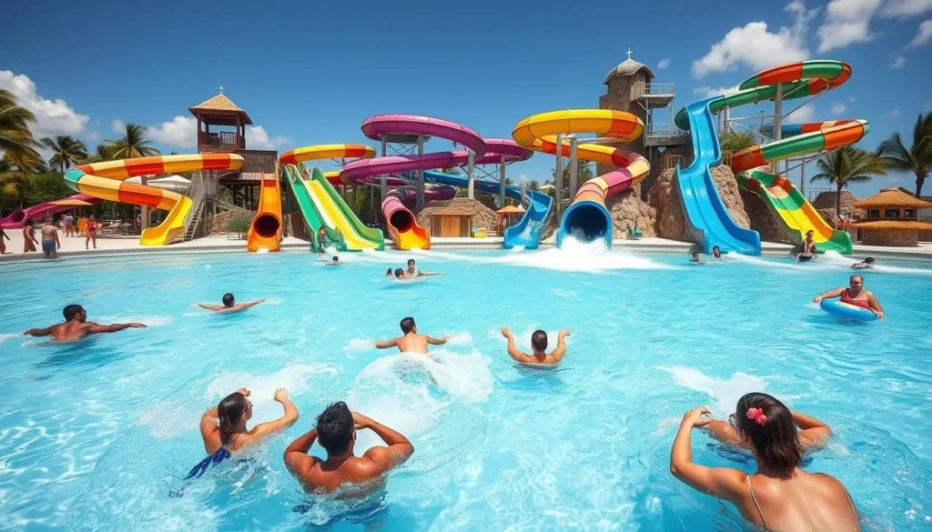 Water slides and aqua park at De Palm Island Aruba with people enjoying body drop slides