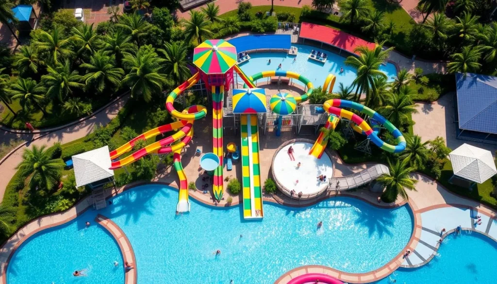 Water slides and pools at Depok Fantasi Waterpark with families enjoying activities Water slides and pools at Depok Fantasi Waterpark with families enjoying activities